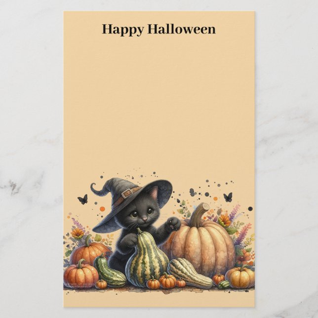 Halloween Black Witch's Kitten W/ Pumpkins Gourds Brevpapper (Framsida)