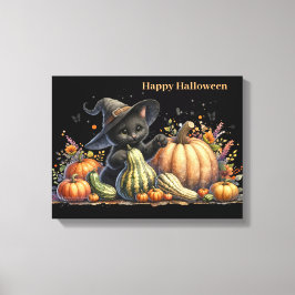 Halloween Black Witch's Kitten W/ Pumpkins Gourds Canvastryck