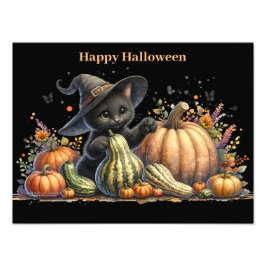 Halloween Black Witch's Kitten W/ Pumpkins Gourds Fototryck