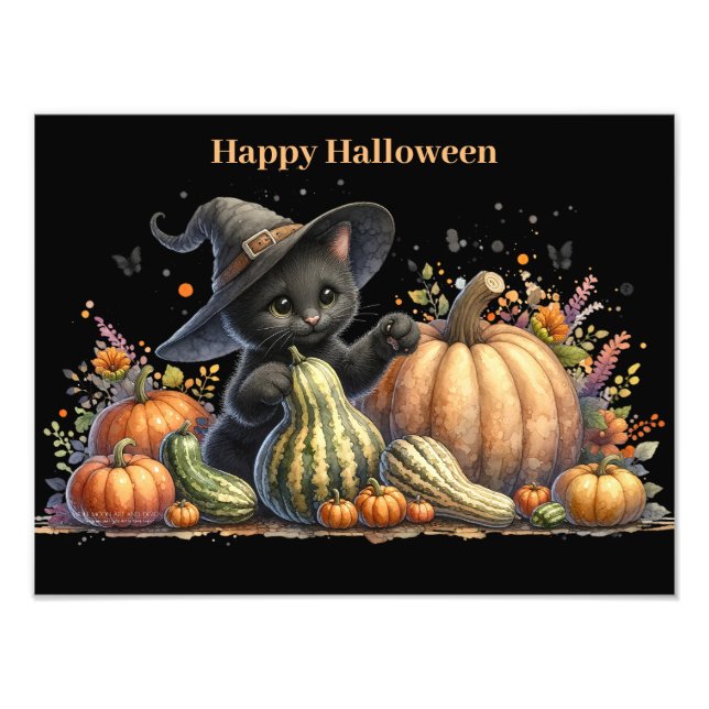 Halloween Black Witch's Kitten W/ Pumpkins Gourds Fototryck (Framsidan)