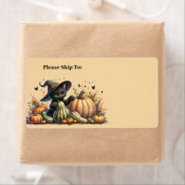 Halloween Black Witch's Kitten W/ Pumpkins Gourds Fraktsedel