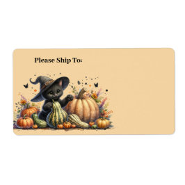 Halloween Black Witch's Kitten W/ Pumpkins Gourds Fraktsedel