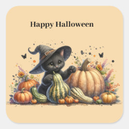 Halloween Black Witch's Kitten W/ Pumpkins Gourds Fyrkantigt Klistermärke