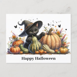 Halloween Black Witch's Kitten W/ Pumpkins Gourds Helg Vykort