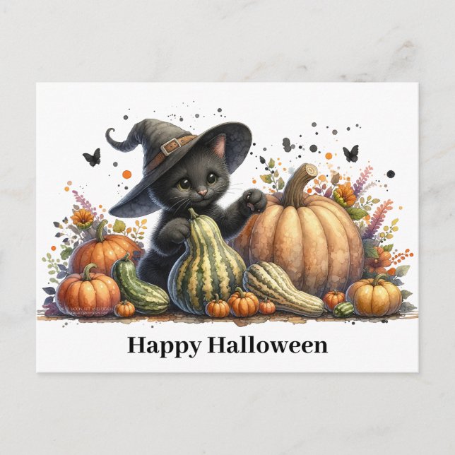 Halloween Black Witch's Kitten W/ Pumpkins Gourds Helg Vykort (Framsida)