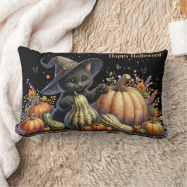 Halloween Black Witch's Kitten W/ Pumpkins Gourds Lumbarkudde
