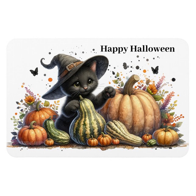 Halloween Black Witch's Kitten W/ Pumpkins Gourds Magnet (Horisontell)