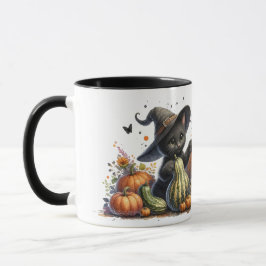 Halloween Black Witch's Kitten W/ Pumpkins Gourds Mugg