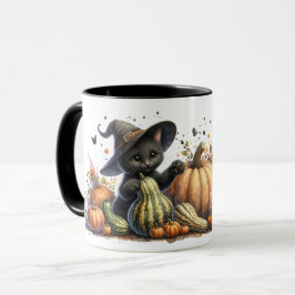 Halloween Black Witch's Kitten W/ Pumpkins Gourds Mugg