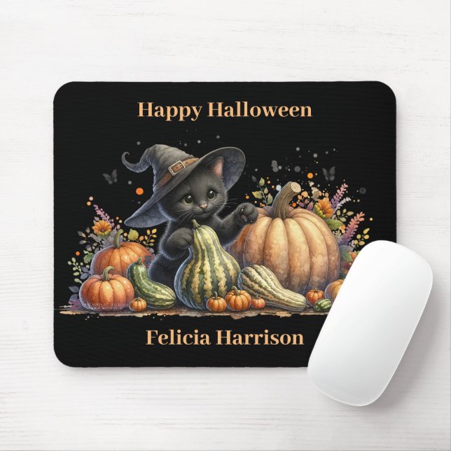 Halloween Black Witch's Kitten W/ Pumpkins Gourds Musmatta (Med mus)