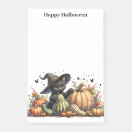 Halloween Black Witch's Kitten W/ Pumpkins Gourds Post-it Block