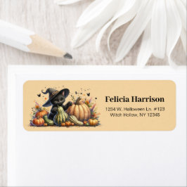 Halloween Black Witch's Kitten W/ Pumpkins Gourds Returadress Etikett