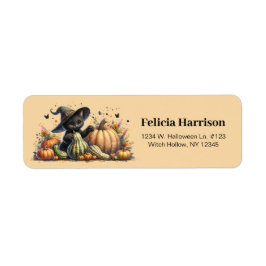 Halloween Black Witch's Kitten W/ Pumpkins Gourds Returadress Etikett