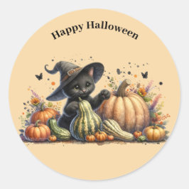 Halloween Black Witch's Kitten W/ Pumpkins Gourds Runt Klistermärke