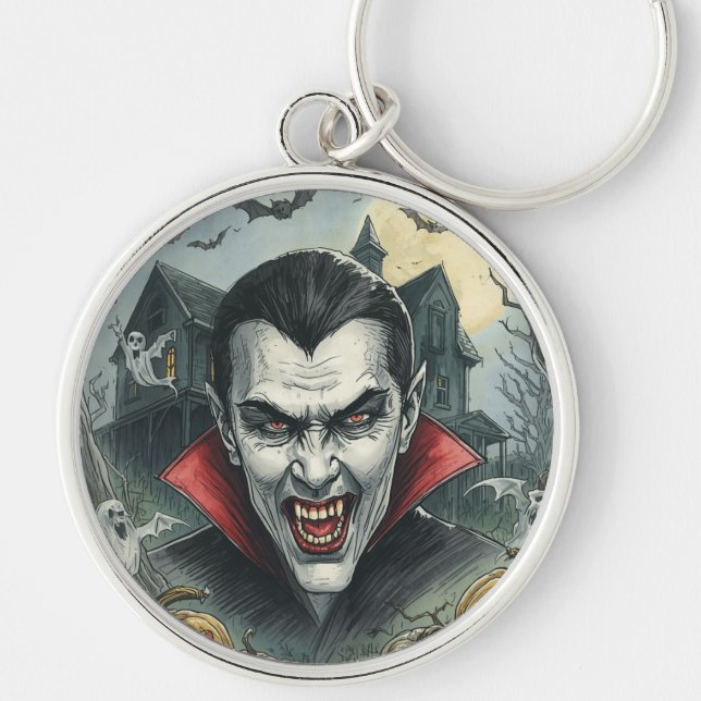 Halloween, blodtörstig vampyr, läskig rund silverfärgad nyckelring (Framsidan)