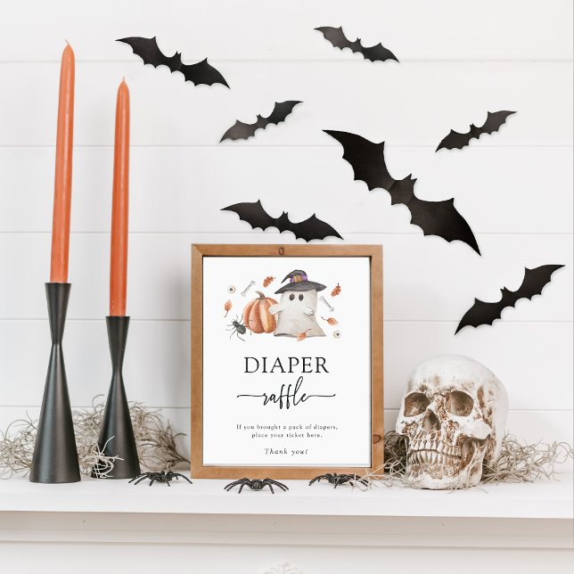 Halloween-blöja Lotteri Affisch (Halloween Diaper Raffle Game Sign A Little Boo Is Almost Due Ghost Pumpkin Baby Shower)