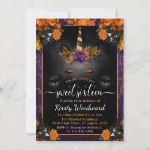 Halloween Blommig Enhörning Ansikte Sweet Sixteen Inbjudningar