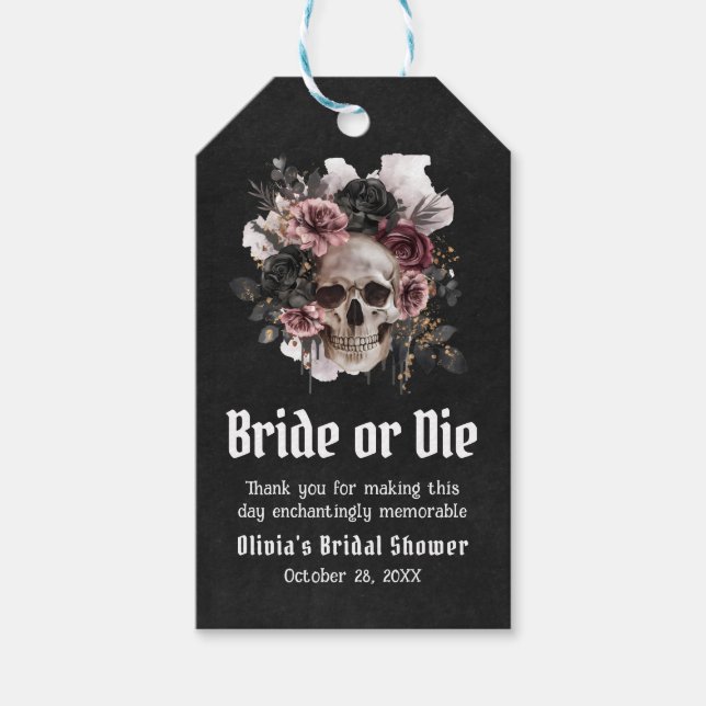 Halloween Blommig Skalle Brud eller Dö Bröllopsfes Presentetikett (Framsidan)