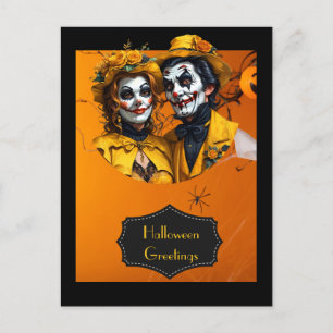Halloween-blommigt-hatt och smink-par vykort