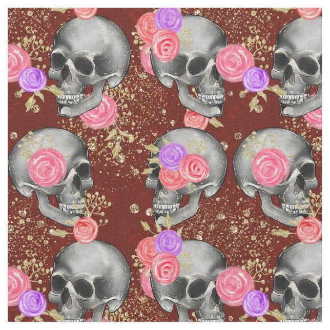 Halloween Blommigt Rosor Scary Creepy Skull Glitte Tyg (Närbild)