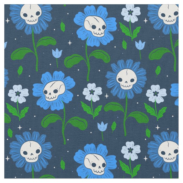 halloween blommigt skallblommor blått tyg (Närbild)