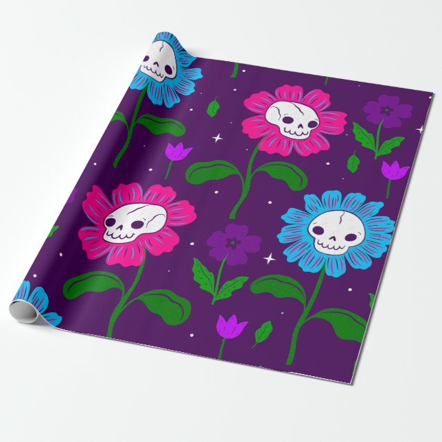halloween blommigt skallblommor lila presentpapper (Utrullad)