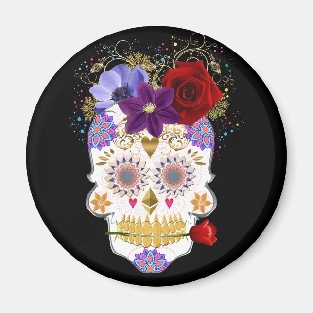 Halloween Blommigt Sugar Skull Magnet (Framsidan)