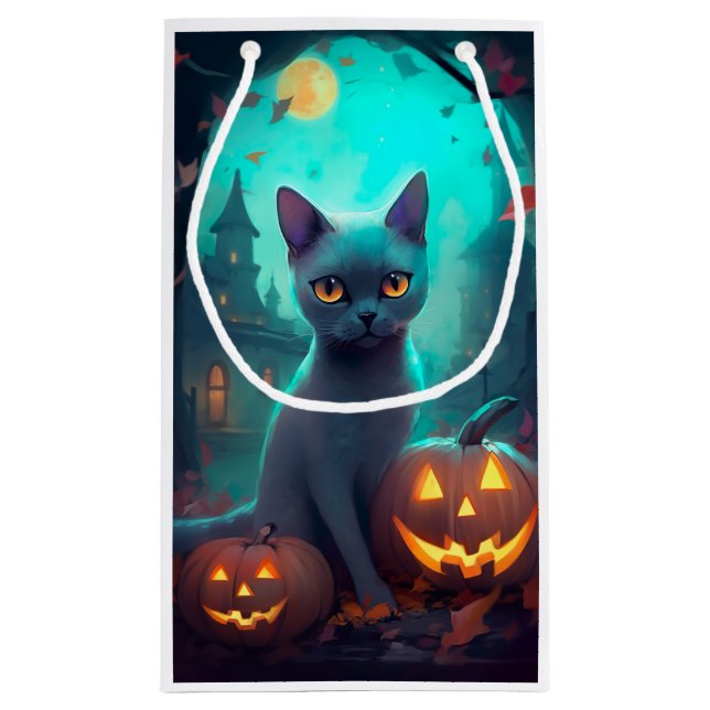 Halloween Blue Cat with Pumpkins Scary (Baksidan)