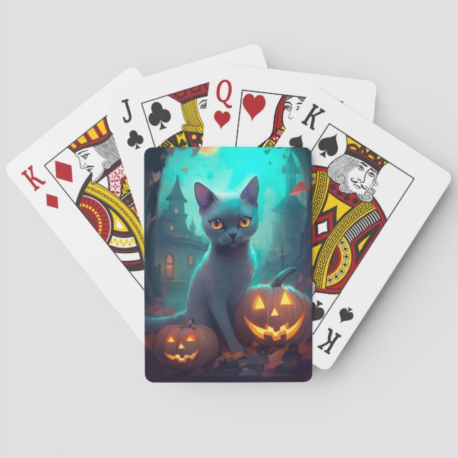 Halloween Blue Cat with Pumpkins Scary Casinokort (Baksidan)