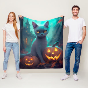 Halloween Blue Cat with Pumpkins Scary Fleecefilt