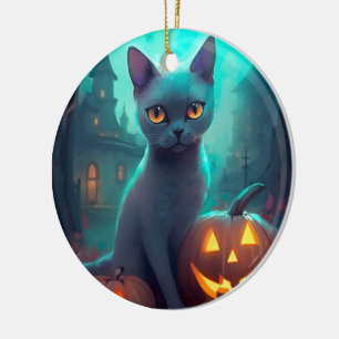 Halloween Blue Cat with Pumpkins Scary Julgransprydnad Keramik
