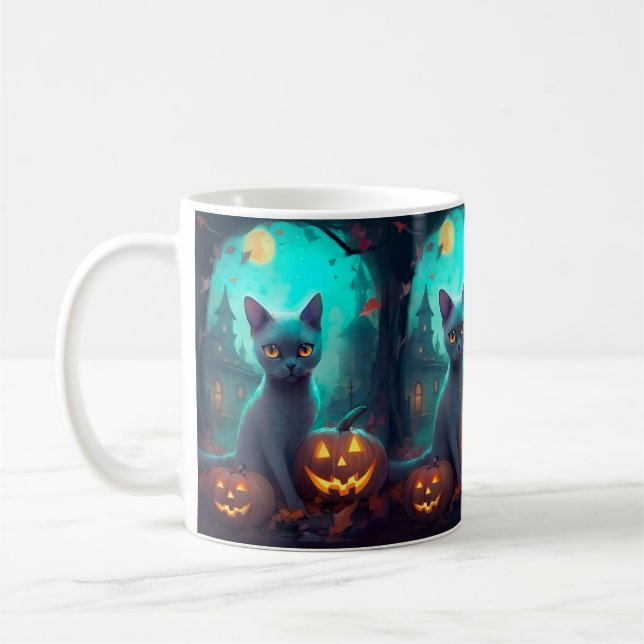 Halloween Blue Cat with Pumpkins Scary Kaffemugg (Vänster)