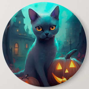Halloween Blue Cat with Pumpkins Scary Knapp