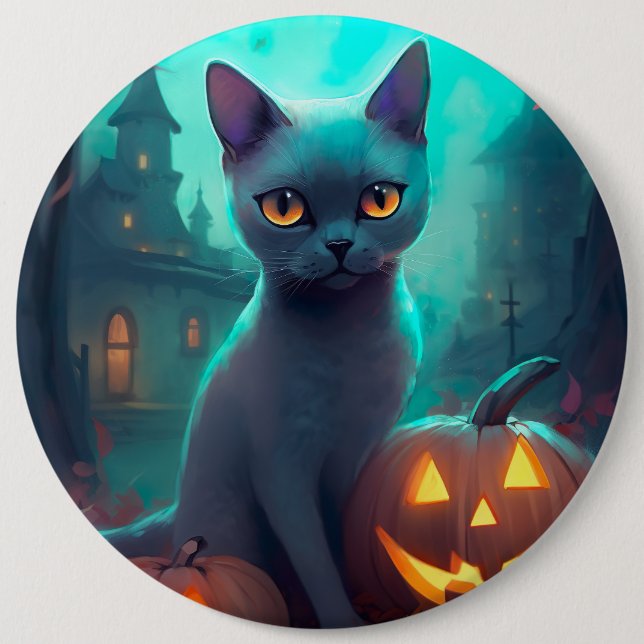 Halloween Blue Cat with Pumpkins Scary Knapp (Framsida)