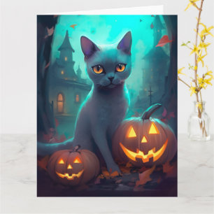 Halloween Blue Cat with Pumpkins Scary Kort