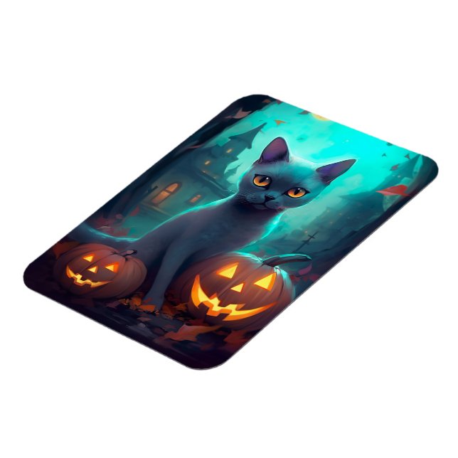 Halloween Blue Cat with Pumpkins Scary Magnet (Vänstra Sidan)