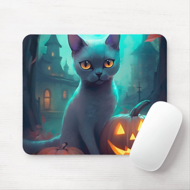 Halloween Blue Cat with Pumpkins Scary Musmatta (Med mus)
