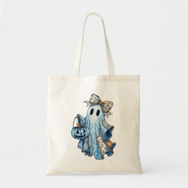 Halloween Blue Denim Boo Ghost Blommigt Coquette B Tygkasse (Framsidan)