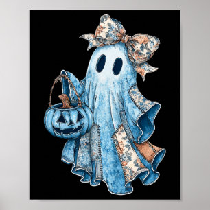 Halloween Blue Denim Boo Ghost Blommigt Coquette F Poster