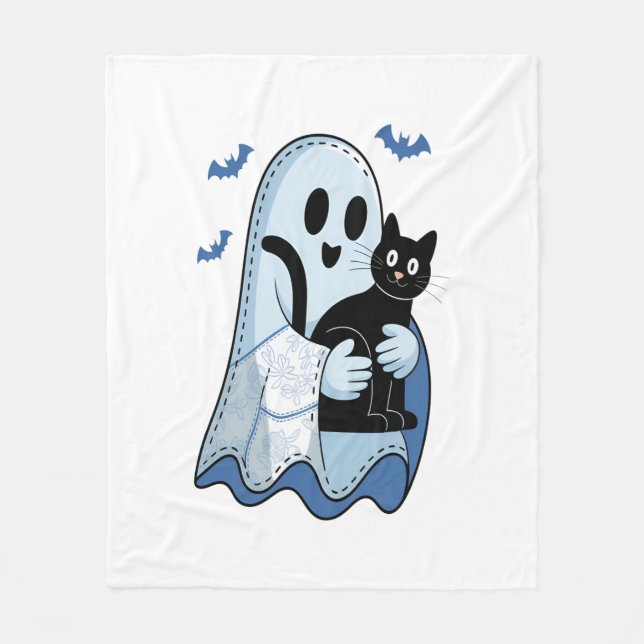 Halloween Blue Denim Ghost och Cat Fleecefilt (Framsidan)