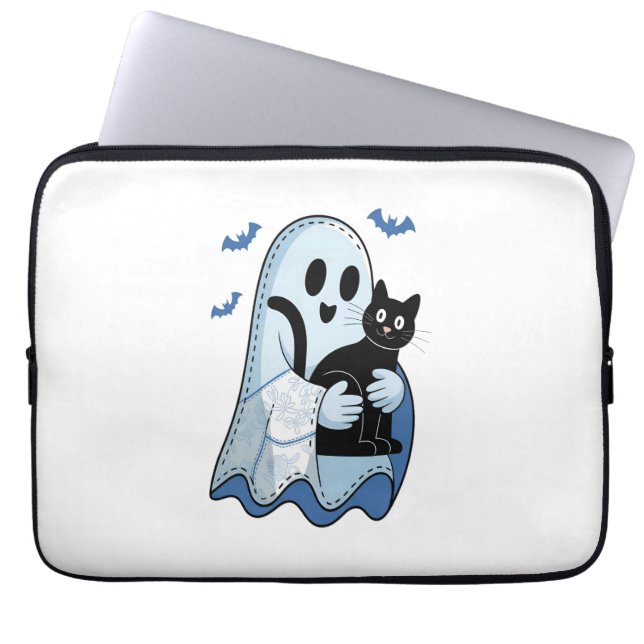Halloween Blue Denim Ghost och Cat Laptop Fodral (Framsidan)