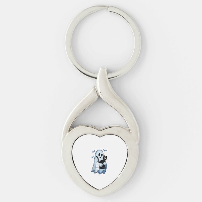 Halloween Blue Denim Ghost och Cat Twisted Heart Silverfärgad Nyckelring (Framsidan)