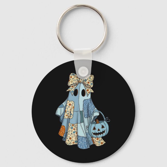 Halloween Blue Denim Ghost Trendig Denim Patchwork Nyckelring (Framsida)