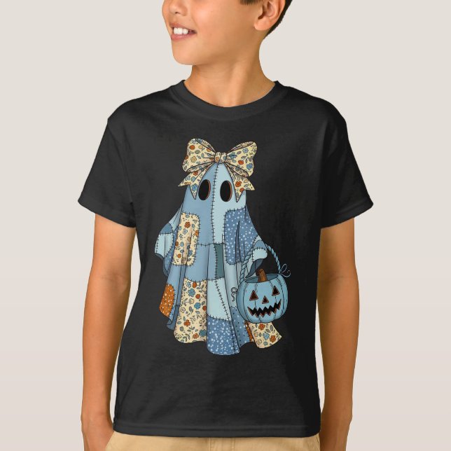 Halloween Blue Denim Ghost Trendig Denim Patchwork T Shirt (Framsida)