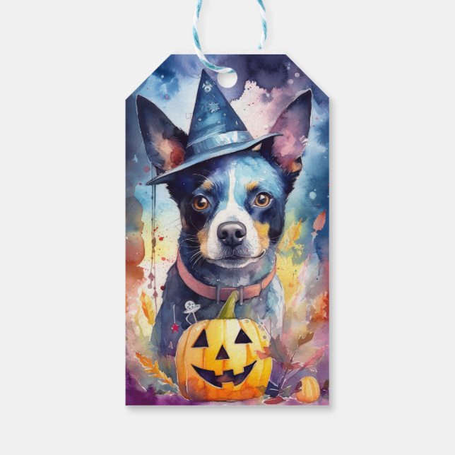 Halloween Blue Heeler med pumpor Presentetikett (Baksidan)
