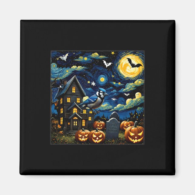 Halloween Blue Jay Starry Night Magnet (Framsidan)