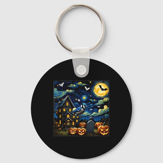 Halloween Blue Jay Starry Night Nyckelring (Framsida)