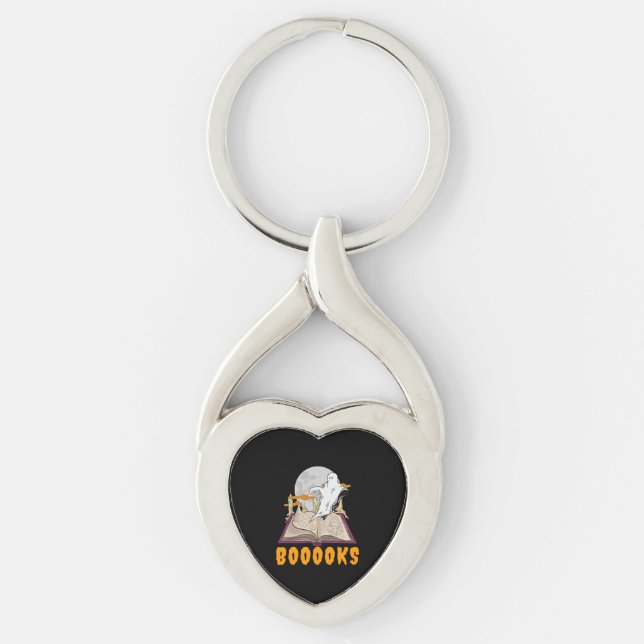 Halloween-böcker. Ghost-läshalloween Twisted Heart Silverfärgad Nyckelring (Framsidan)