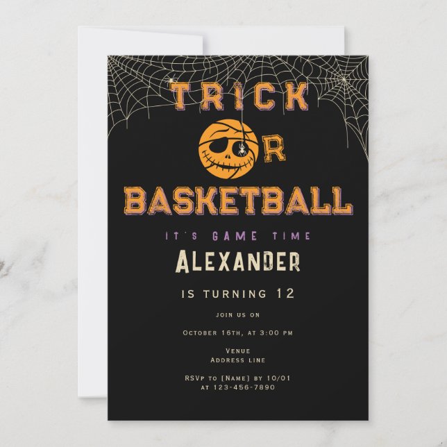Halloween Boll Trick eller Basketball Birthday Inbjudningar (Framsida)
