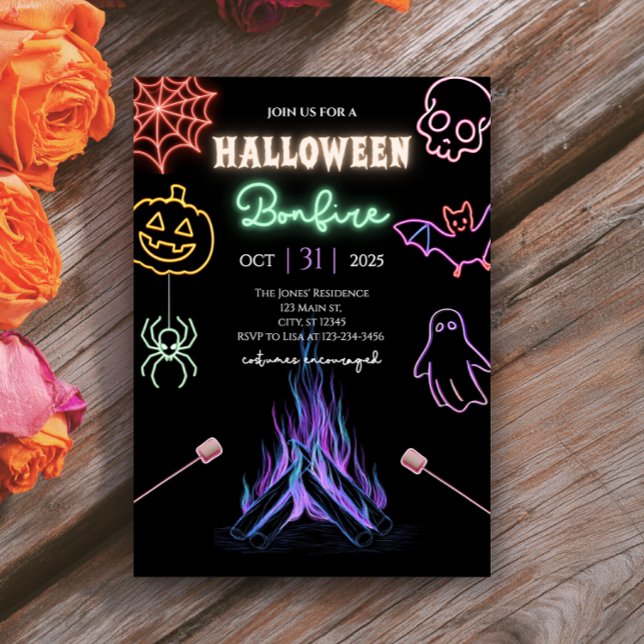 Halloween Bonfire Neon Spooky Night Costume Party Inbjudningar (Skapare uppladdad)